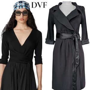 DVF Black Wool Blend Black Wrap Dress KNEE LENGTH XS
